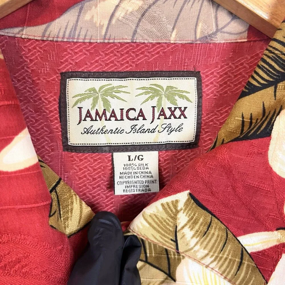 Jamaica Jaxx 100% Silk Hawaiian Shirt Men’s L Red Floral Aloha Boho